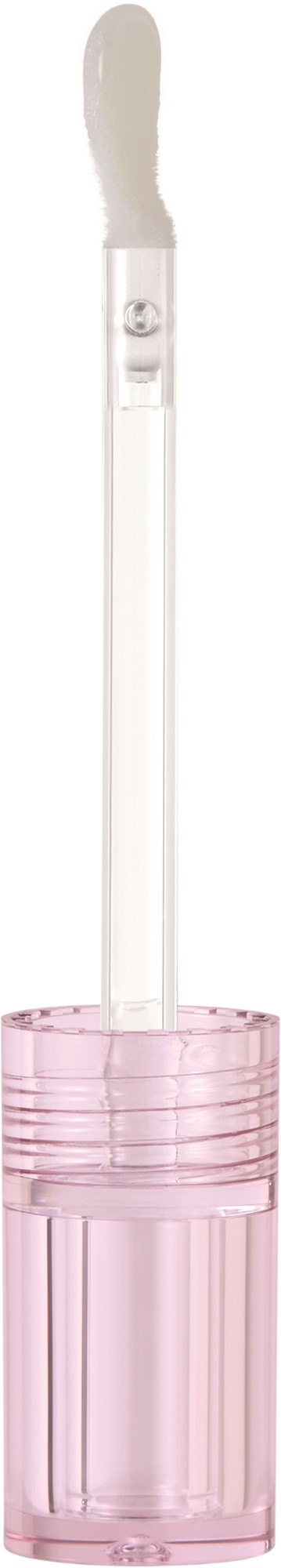 Ein klarer Lipgloss in einer rosa Tube mit einem weißen Applikatorpinsel. Es sieht glänzend und glatt aus.