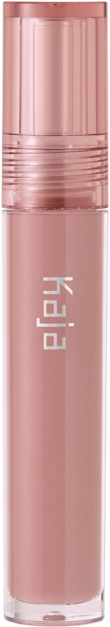 Een roze lippenstift met doorzichtige dop, merknaam aan de zijkant, eenvoudig ontwerp, tegen een zwarte achtergrond.
