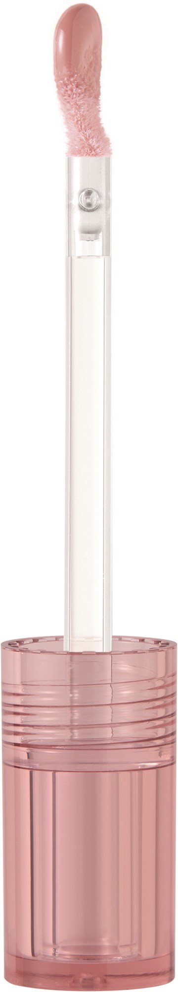 Een heldere lipglossapplicator met een roze sponskop en doorzichtig handvat, staand op een roze basis.