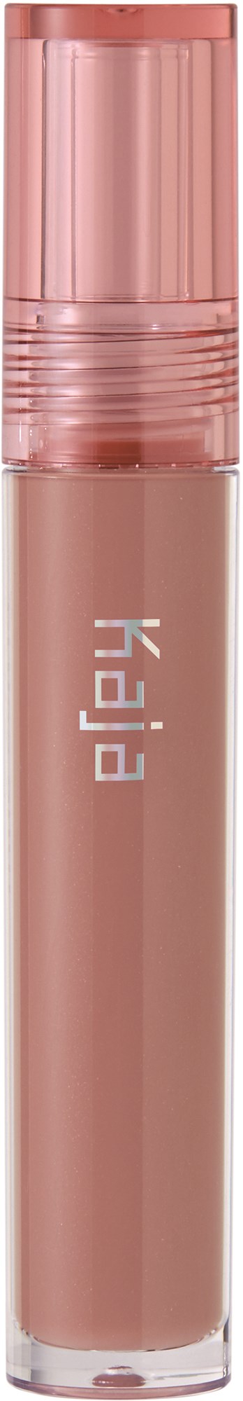Een roze lipgloss tube met doorzichtige dop en merknaam aan de zijkant.