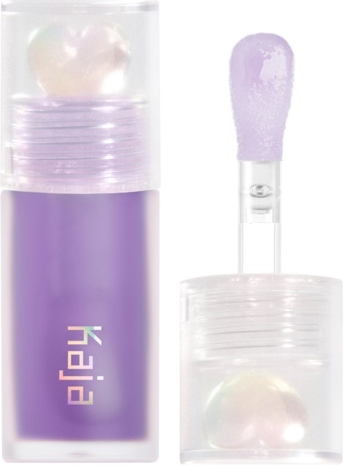 Ein lila Lipglossbehälter mit klarem Deckel und Applikatorspatel. Die Spitze ist lila.