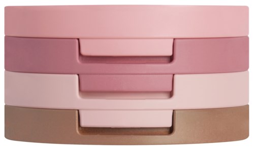 Vier gestapelde pastel gekleurde laden in roze, lichtroze en beige, met schuifladen. Eenvoudige en nette opbergoplossing.