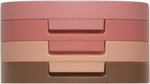 Gestapelde opbergdozen in roze, beige en donkerbruin met handvat, op elkaar gestapeld.