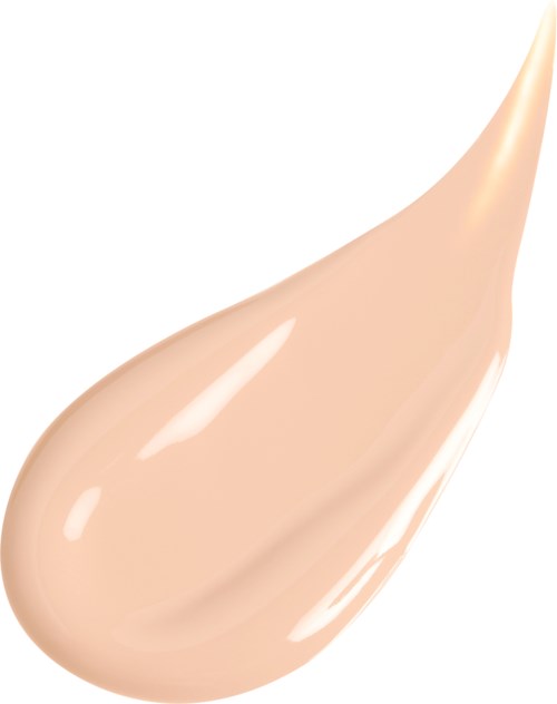 Een beige vloeistofdruppel met glanzende reflecties op een witte achtergrond.