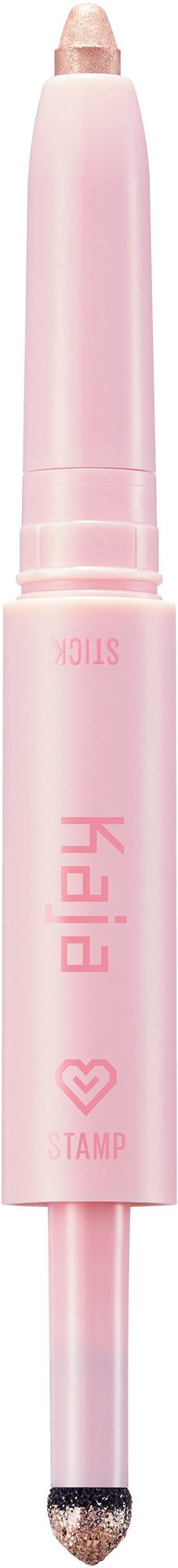 A pink cosmetic pencil with a clear tip and a pink body, labeled with brand and details.