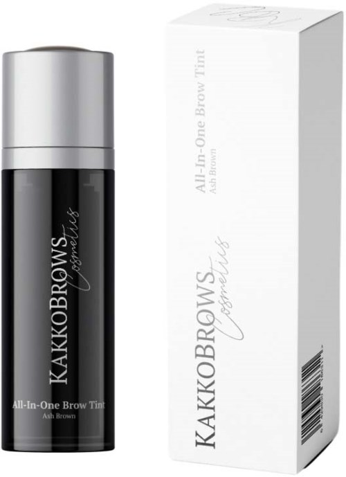 Musta pullo hopeisella kannella ja valkoinen laatikko. Pullo on merkitty 'KAIKKOBROWS' ja 'All-In-One Brow Tint.'