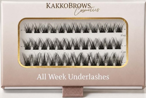 Box of false eyelashes with three different styles for different eye lengths, labeled 10mm, 12mm, and 14mm.