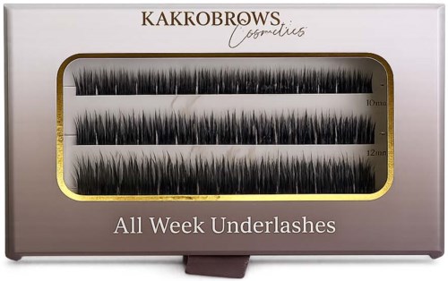 Box of all-week underlashes in different lengths, black with gold accents, labeled 10mm and 12mm.