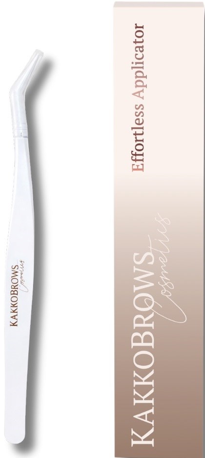 A white toothbrush with the words KAKKOBROWS and Microbrow on the handle and a pink box labeled Effortless Applicator beside it.
