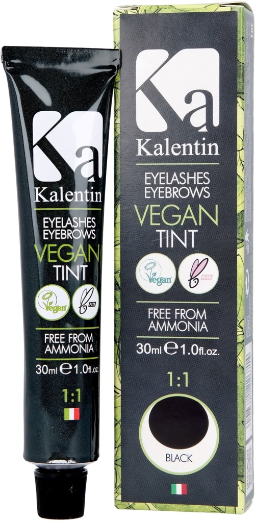Vegan tint for eyelashes and eyebrows, 30ml, free from ammonia, in black, with packaging showing brand and details.