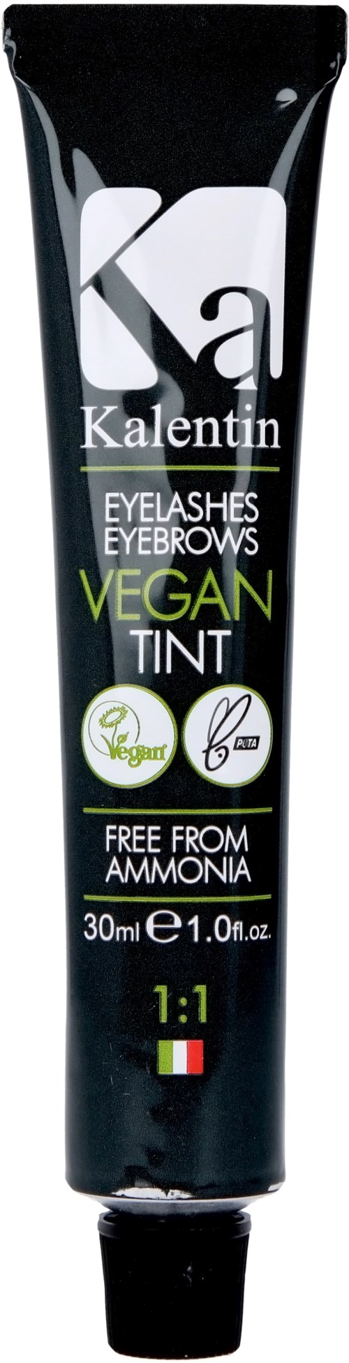 A black tube of vegan eyelash and eyebrow tint with green and white text, highlighting it is ammonia-free and 30 ml.