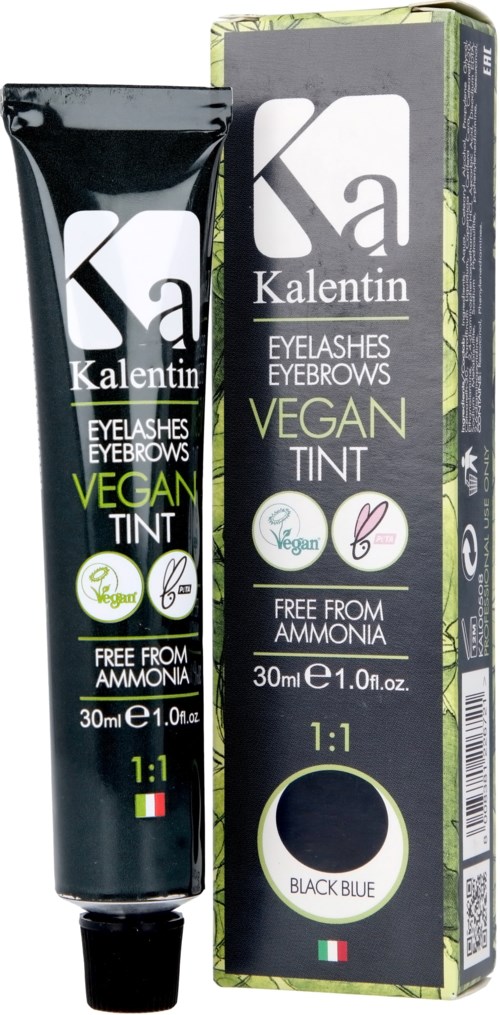Vegan Wimperntusche in schwarzer Tube und Schachtel, beschriftet 'Kalentin', frei von Ammoniak, in Schwarz-Blau.