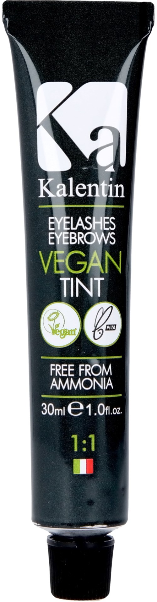 Schwarze Tube mit weißen, grünen und gelben Text für vegane Wimpern- und Augenbrauenfarbe, frei von Ammoniak.
