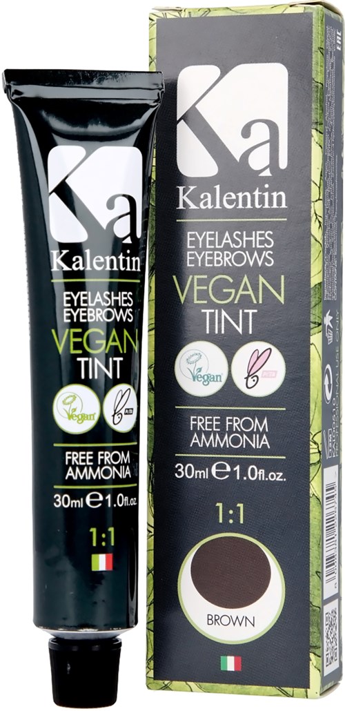 Vegan eyebrow tint tube and box, brown color, free from ammonia, 30ml, Italian flag, tested for cruelty-free.