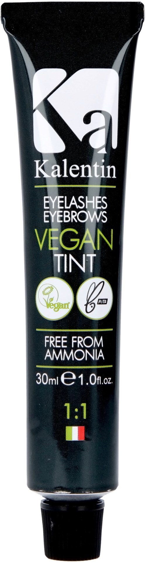A black tube of vegan eyebrow and eyelash tint from Kalentin, free from ammonia, with Italian flag on it.