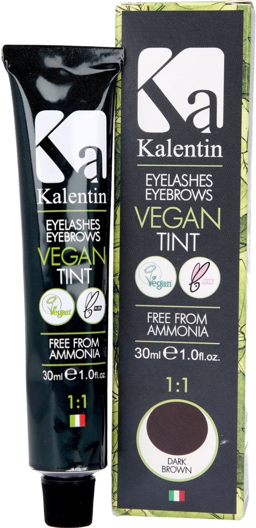 Vegan tint for eyelashes and eyebrows in dark brown. Comes in a tube and box, free from ammonia.