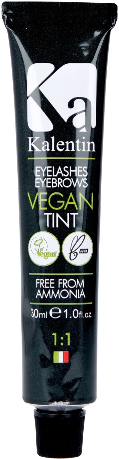 Vegan eyebrow and eyelash tint tube, free from ammonia, 30ml, Italian flag, black and green packaging.