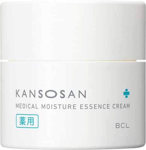 Een witte pot van Kansosan medische vochtinbrengende crème met blauwe en grijze tekst en logo.