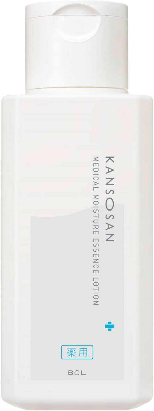 Witte lotionfles met blauwe en zwarte tekst, gelabeld als KANSO SAN medisch vochtinbrengende essencelotion, met klapdop.