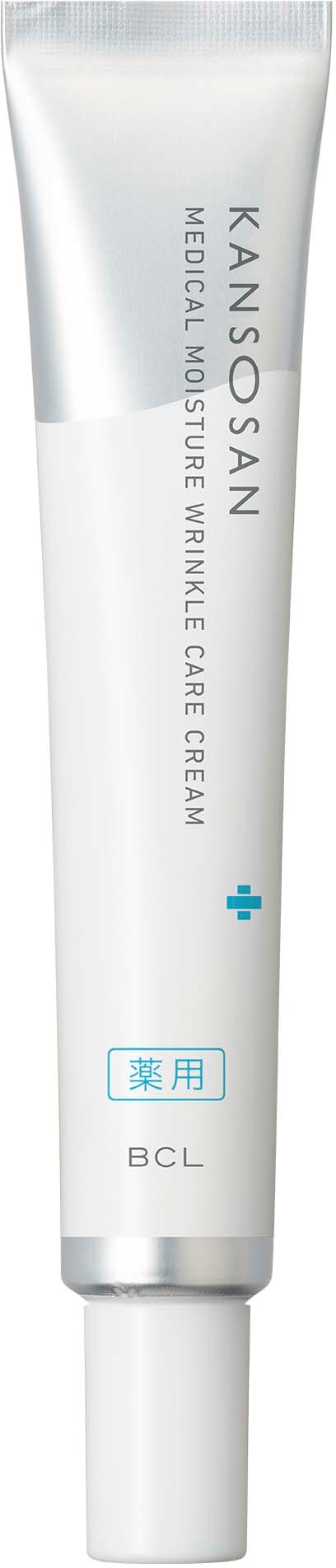 Een witte tube met zilveren top, gemerkt 'KANSOM SAN', voor huidvocht, met blauwe kruis en Japanse tekens.