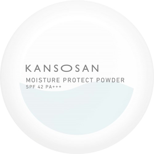 Ronde verpakkingsetiket voor Kansosan vochtinbrengende poeder met SPF 42. Zacht blauw golfpatroon op wit achterg nd.