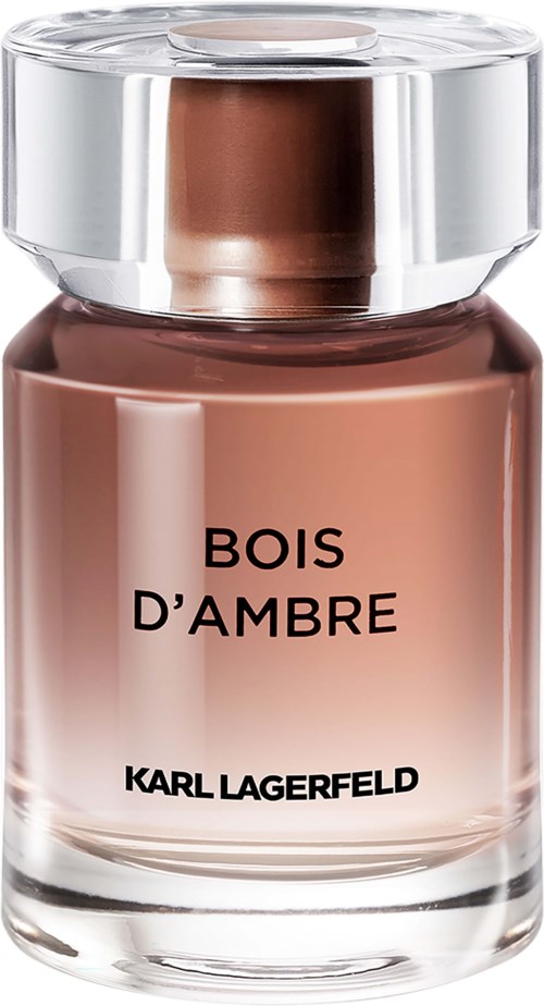 Eine kleine Parfümflasche mit einem glänzenden silbernen Deckel, beschriftet 'Bois d'Ambre' von Karl Lagerfeld.