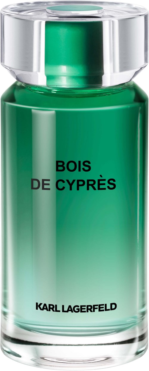 Eine grüne Parfümflasche mit dem Label "Bois de Cypres" von Karl Lagerfeld, mit klarer Verschlusskappe.