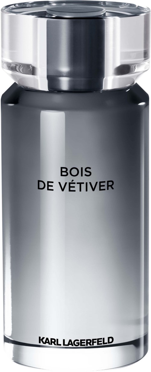Ein eleganter, silberner Parfümflakon mit schwarzem Text, beschriftet 'BOIS DE VÉTIVER' und 'KARL LAGERFELD.'