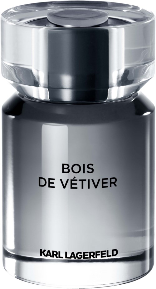 Eine schwarze und silberne Parfümflasche mit rundem Verschluss. Das Etikett sagt 'Bois de Vétiver' und 'Karl Lagerfeld.'