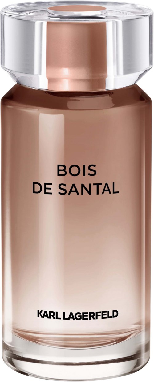 Ein Parfümflasche mit "Bois de Santal" von Karl Lagerfeld, klarer Deckel und beiger Duft.