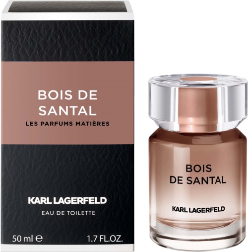 Ein Parfümflasche und eine Schachtel gekennzeichnet mit "Bois de Santal" von Karl Lagerfeld, mit schwarzen, rosa und klaren Glasdesign.