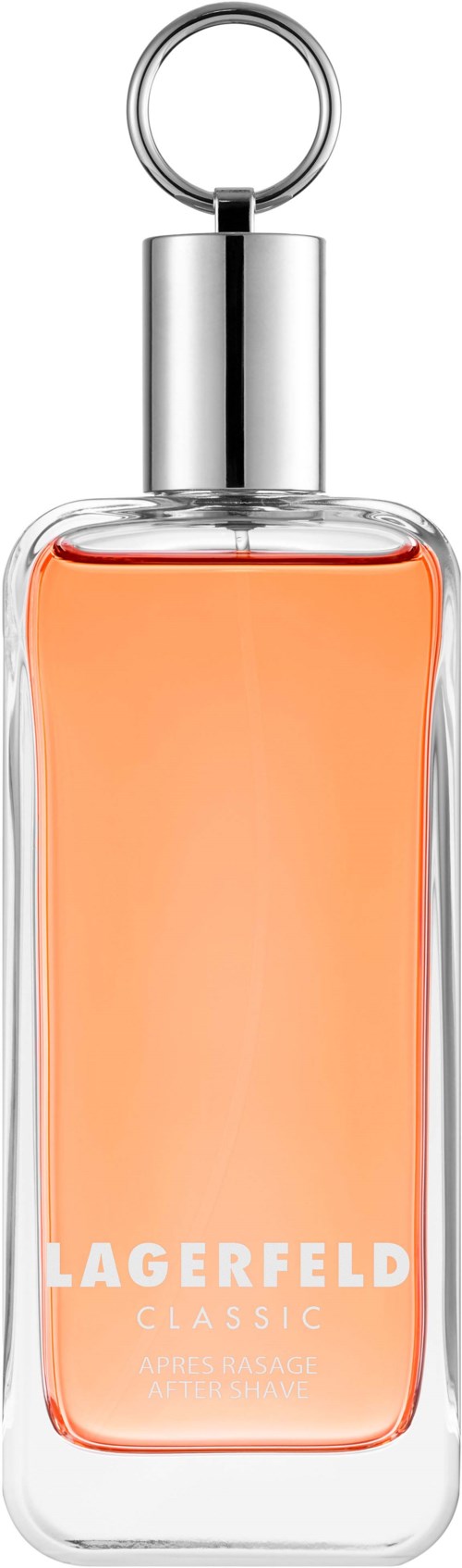 Eine Glastinktur mit orangefarbiger Flüssigkeit, Metalldeckel und Schlüsselring, beschriftet Lagerfeld Classic.