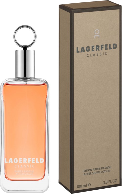 Ein Parfümflasche mit orange Flüssigkeit und silberner Kappe neben einem langen, beigen Karton mit Lagerfeld Classic.