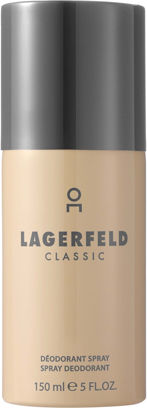 Ein beiger Deodorantspray mit grauem Deckel, beschriftet "LAGERFELD CLASSIC" und "150 ml".