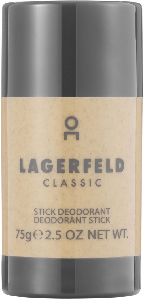 Ein grauer und beiger Deostift mit dem Markennamen 'LAGERFELD' und 'CLASSIC'.