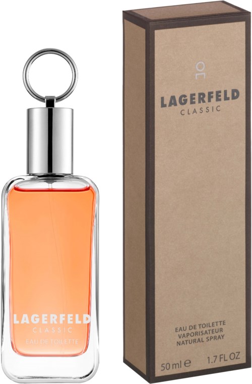 En flaska Lagerfeld Classic-parfym bredvid dess kartong, båda med enkel design och orange vätska inuti.