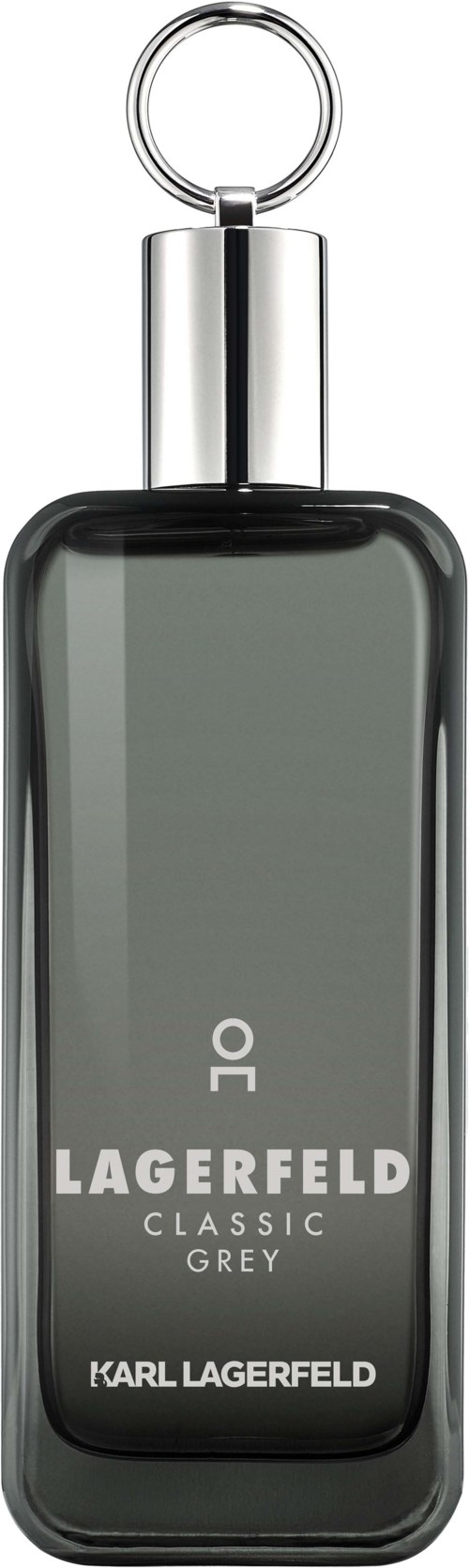 Eine graue Parfümflasche mit silberner Kappe und Ringgriff. Das Etikett lautet 'LAGERFELD CLASSIC GREY' und 'KARL LAGERFELD.'