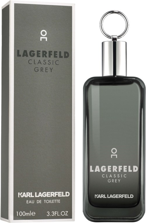 Eine graue Parfüfflasche mit runder silberner Kappe, neben der langen grauen Verpackung mit schwarzem Text.