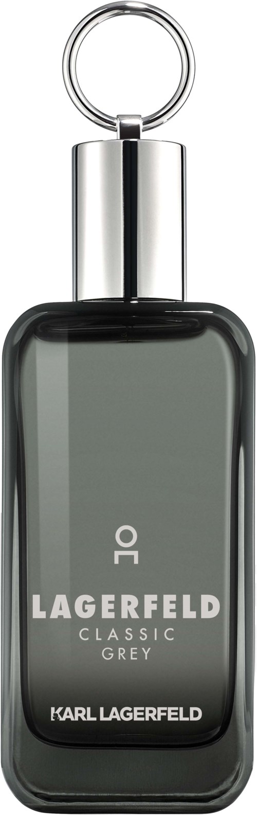 En liten parfymflaska med en rund metallring, grå vätska inuti, och ord: Lagerfeld Classic Grey.