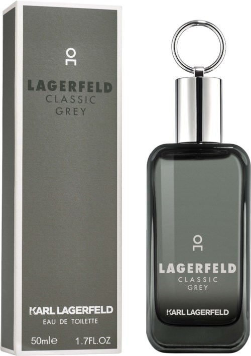 En grå parfyllfylld flaska med ett runt lock och matchande box märkt Lagerfeld Classic Grey av Karl Lagerfeld.