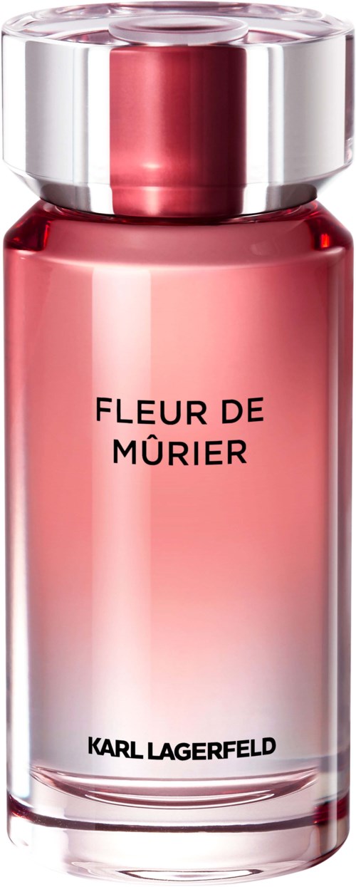 Eine rosa Parfümflasche mit der Aufschrift 'FLEUR DE MÜRIER' von Karl Lagerfeld mit silberner Kappe.