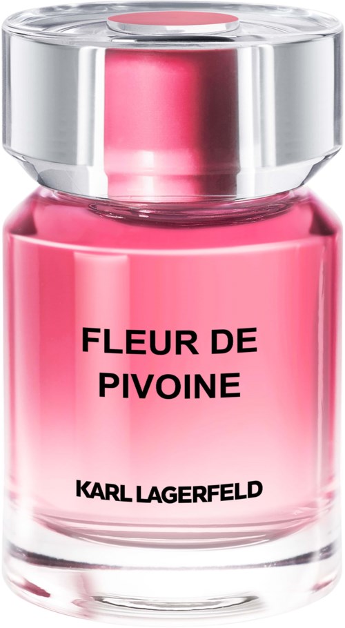 Różowa butelka perfum z srebrnym zamknięciem, oznaczona 'Fleur de Pivoine' od Karl Lagerfeld.