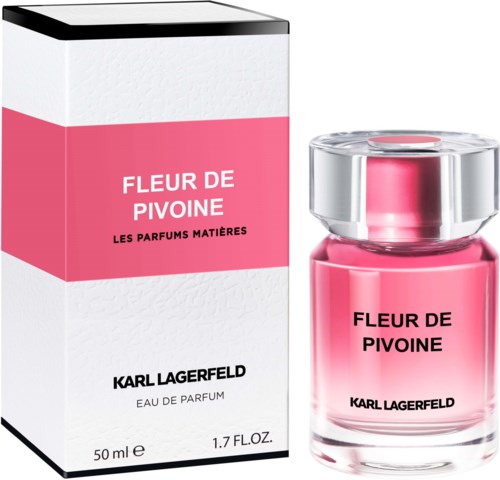 Różowa butelka perfum i opakowanie z etykietą Fleur de Pivoine od Karl Lagerfeld.