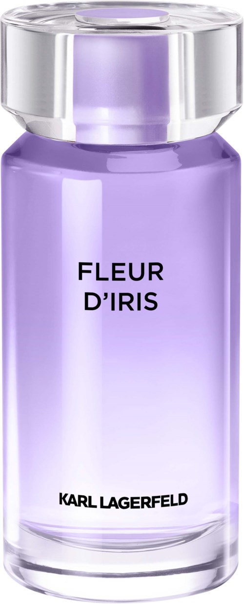 Eine lila Parfümflasche mit transparentem Deckel, beschriftet 'Fleur d'Iris' von Karl Lagerfeld.