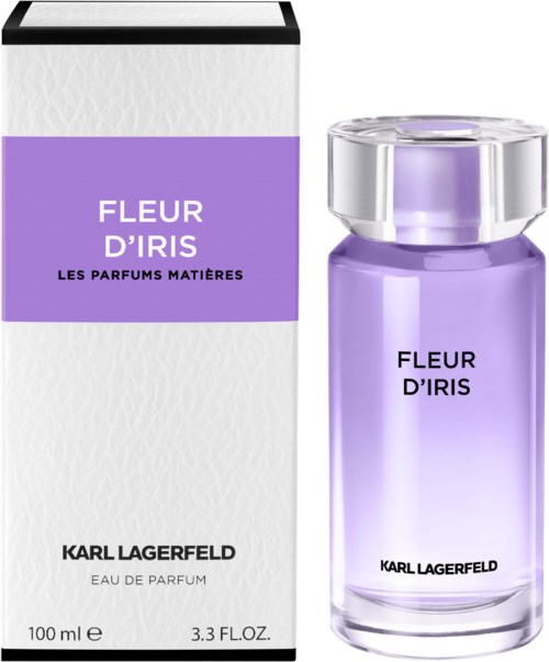 Ein Parfümflasche und Box in Lila und Weiß mit der Beschriftung 'Fleur d'Iris' von Karl Lagerfeld.