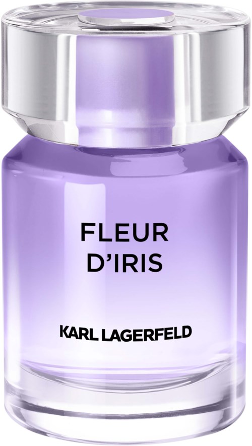 Ein lila Parfümflasche mit durchsichtigem Deckel, beschriftet 'FLEUR D'IRIS' von Karl Lagerfeld.