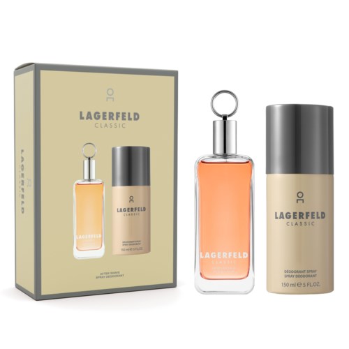Lagerfeld Classic perfume and deodorant spray in a gift box. The perfume bottle is tall with pink liquid, and the deodorant is in a beige container.