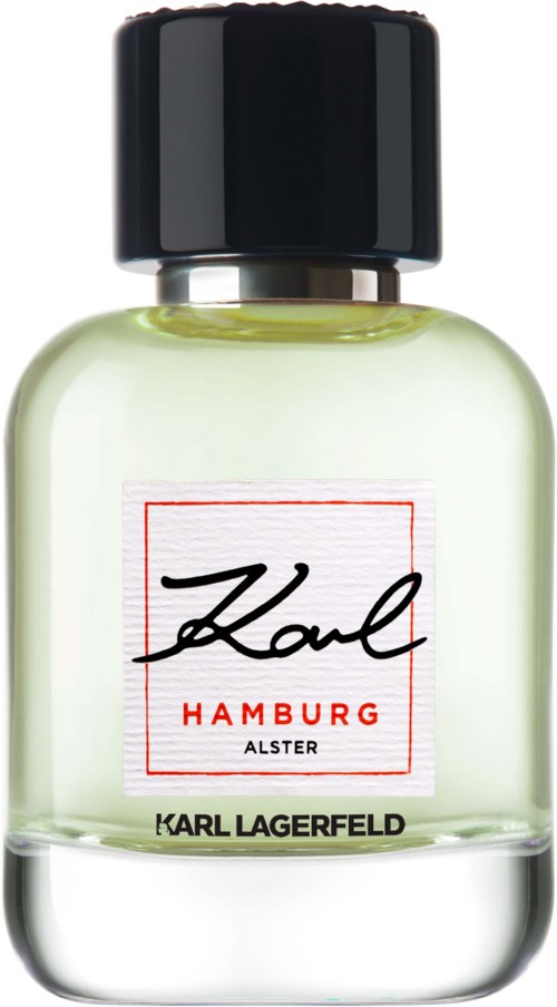 Ein Parfümflasche mit schwarzem Verschluss, Etikett sagt 'Karl Hamburg' und 'Karl Lagerfeld', enthält hellgrünen Flüssigkeit.