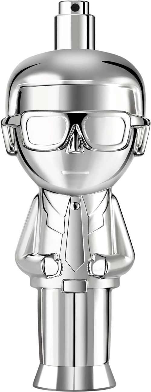 Eine glänzende silberne Parfümflasche gestaltet wie eine kleine Person mit Brille und Anzug. Sie sieht stilvoll und modern aus.
