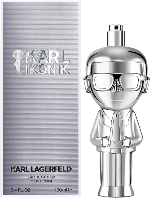 Eine silberne Parfüflysflasche, die wie eine Person mit Brille geformt ist, neben einer grauen Schachtel mit dem Namen 'Karl Lagerfeld'.